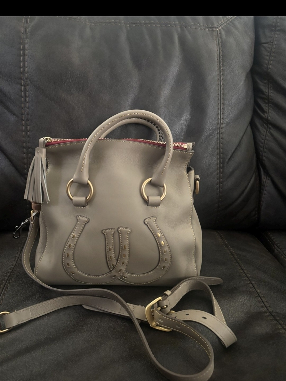 Dooney And Burch Taupe Leather  Crossbody Bag with Tassel